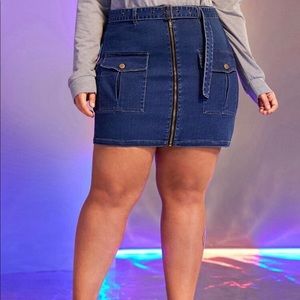 Plus Zip Up Pocket Belted Denim Skirt